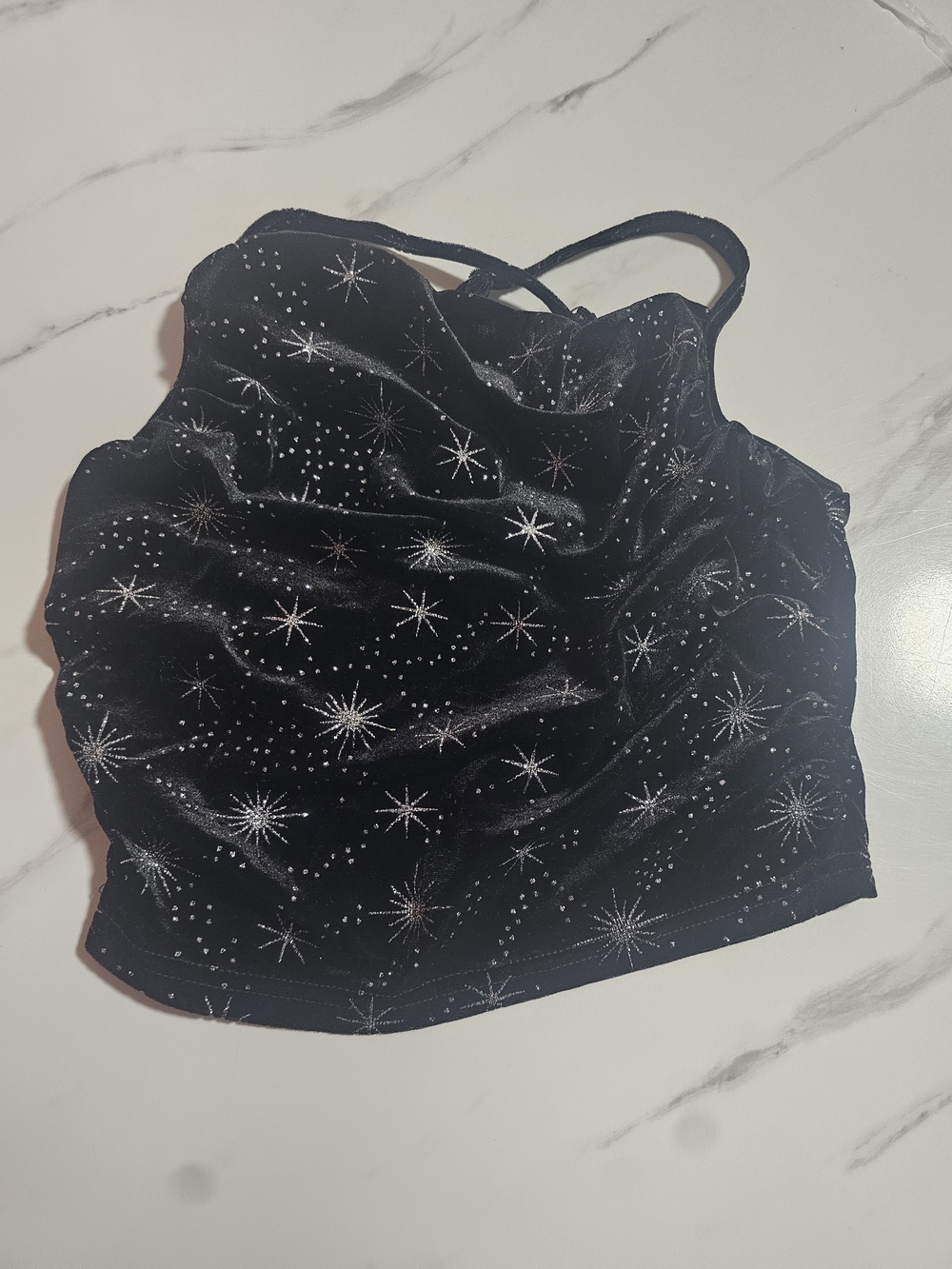 Cider Black Velvet Silver Star Foil Cowl Neck Crop Top